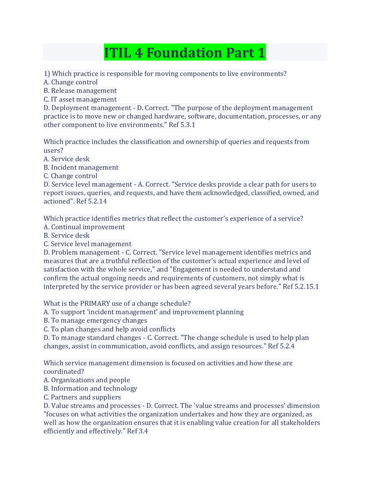 Preview image for ITIL 4 Foundation Part 1 Questions And Answers